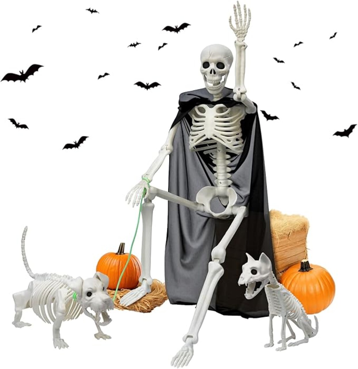 Skeleton Halloween Decorations, 3FT Halloween Posable Skeleton with Dog & Cat Skeleton - 5 in 1 Creepy Halloween Plastic Movable Joint Skeleton for Halloween Party Yard Decor (36inch)